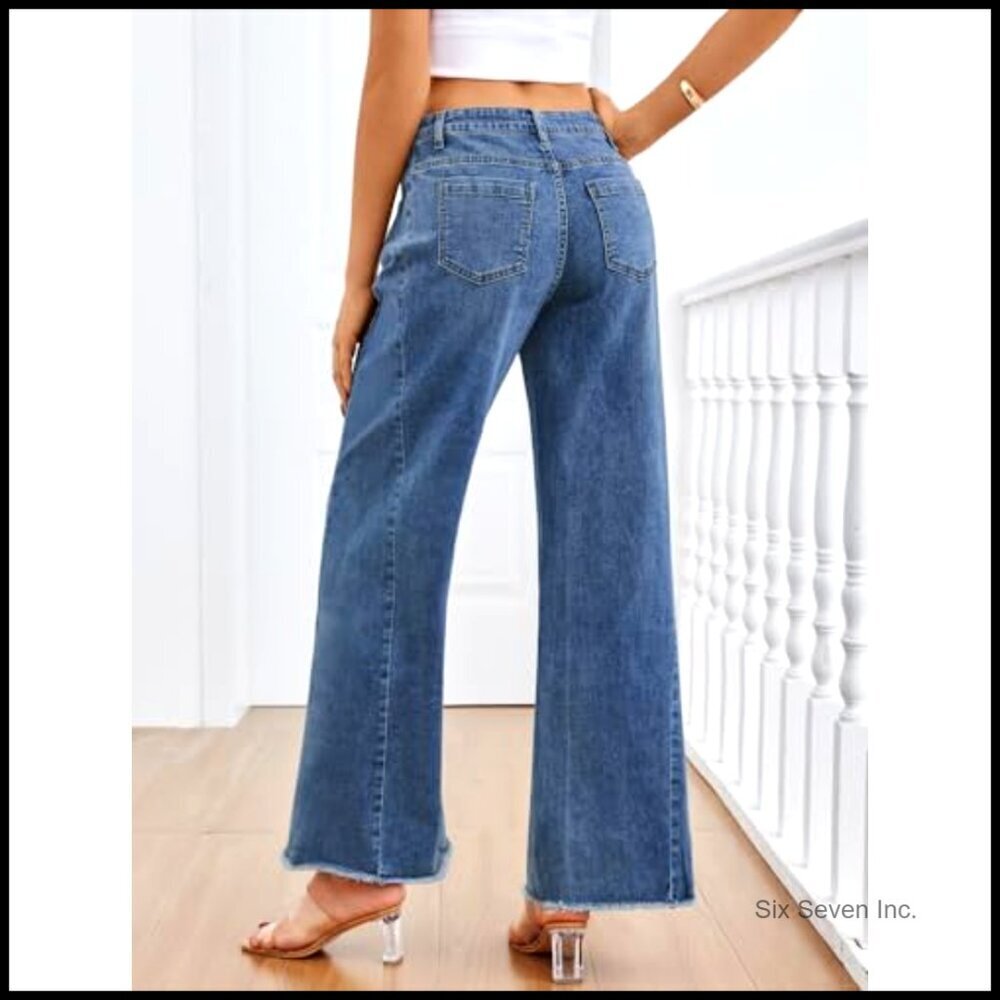 Wide Leg Jeans Relaxed Loose Straight Leg Raw Hem Comfort Denim Pants - Picture 4 of 6